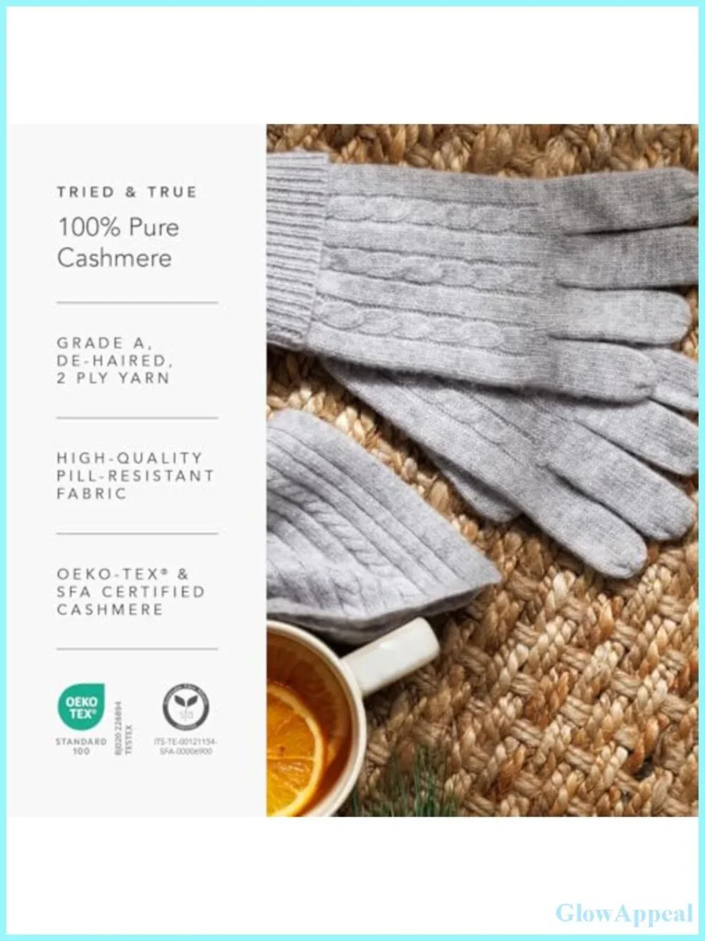 Women's 100% Pure Cashmere Cable Knit Gloves, Extended Cuff, One Size